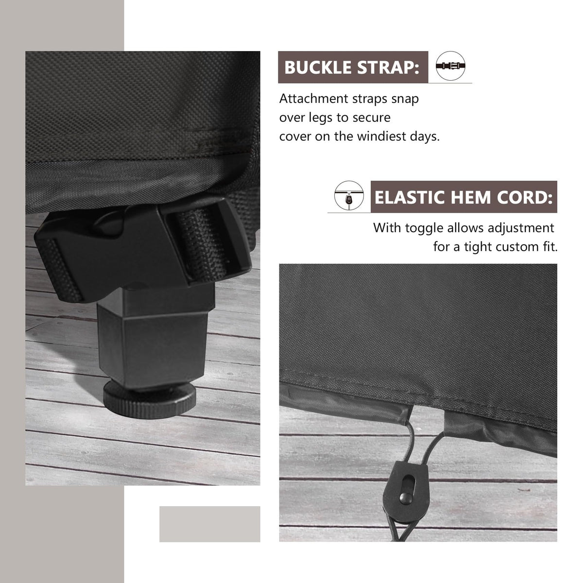ULTCOVER plastic clips and heavy-duty drawcord secure the cover in wind