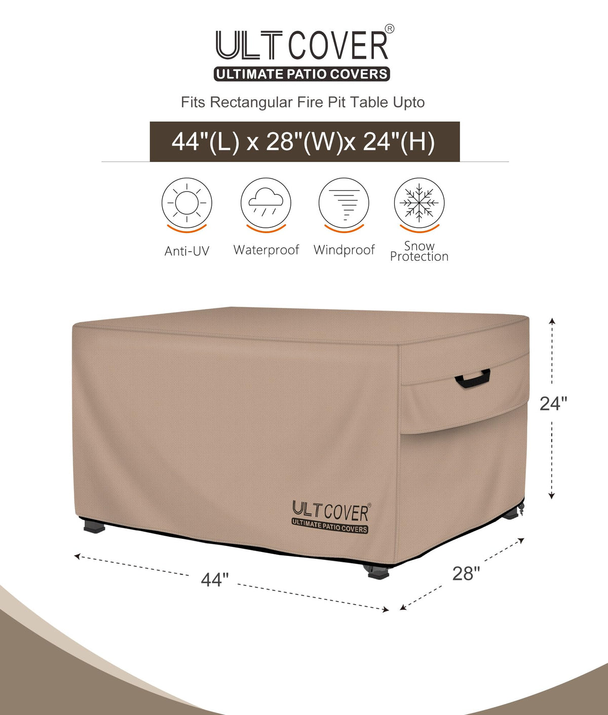 ULTCOVER rectangular fire pit cover 44x28, side vents, promotes airflow and prevents moisture buildup.