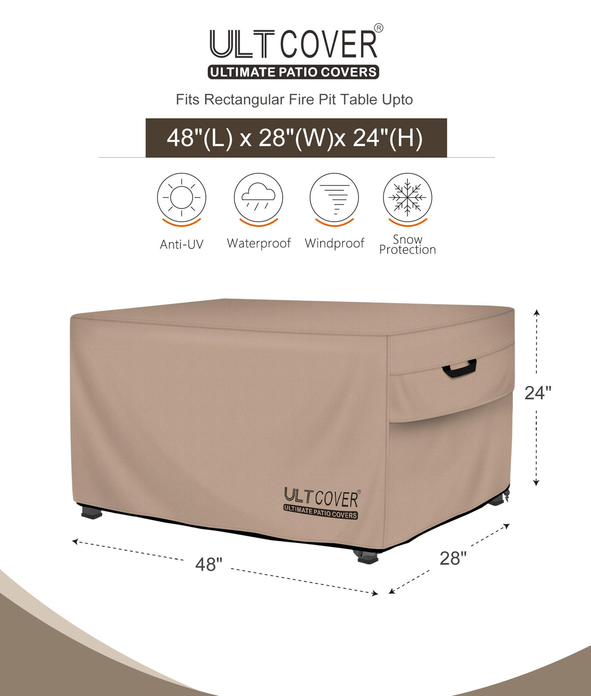 ULTCOVER 600D polyester with waterproof backing shields fire pit during rain and snow.
