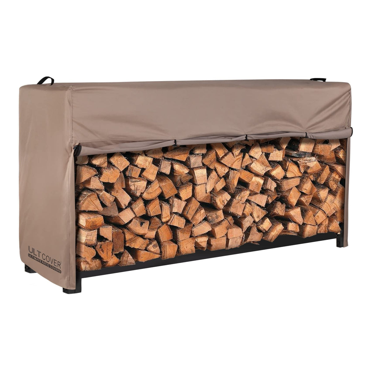 ULTCOVER 8ft waterproof firewood rack cover front view protects stacked logs