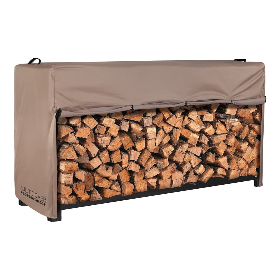 ULTCOVER 8ft waterproof firewood rack cover front view protects stacked logs