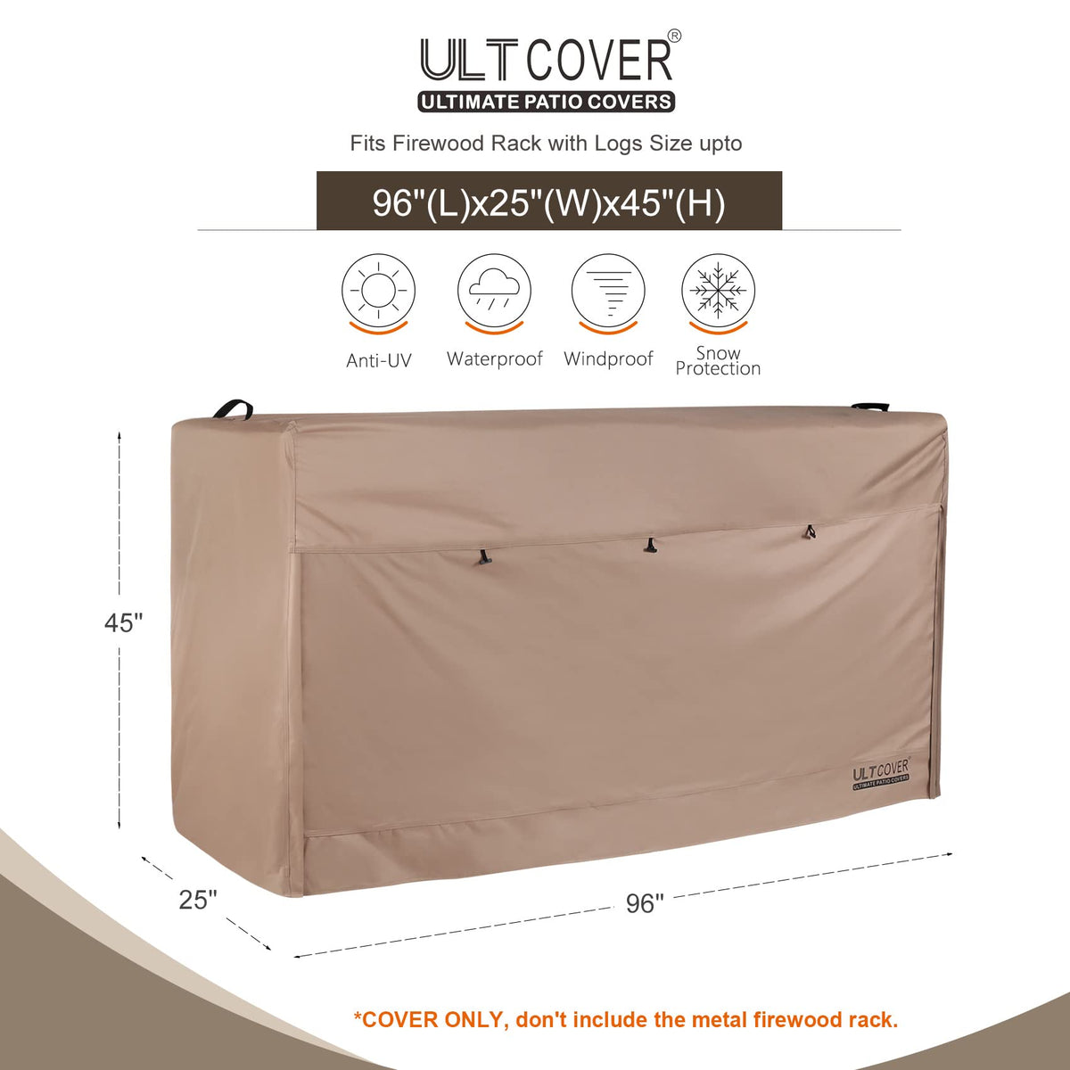 ULTCOVER 8ft waterproof firewood rack cover side view shows sturdy profile