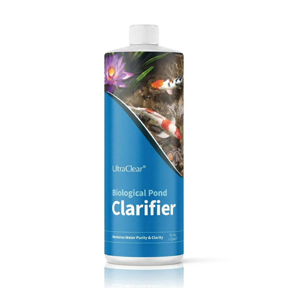 UltraClear Clarifier bottle being poured into pond water for clarity.