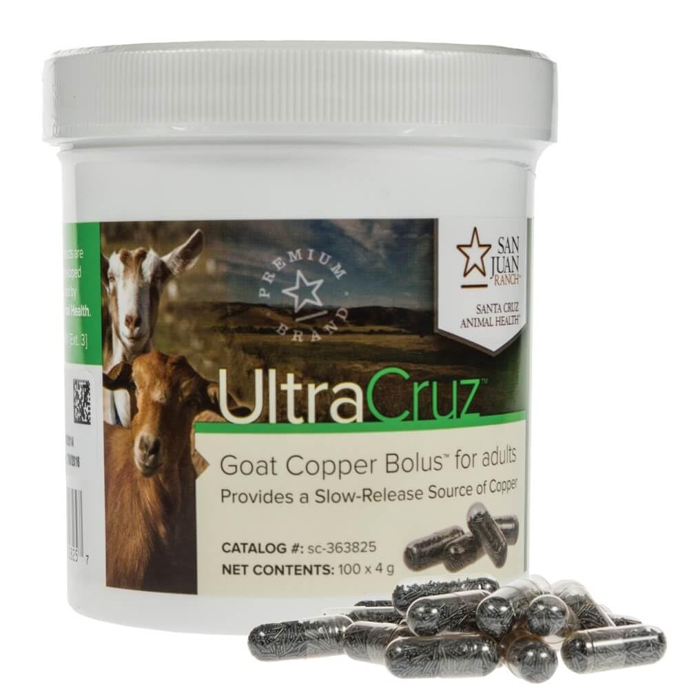 UltraCruz Goat Copper Bolus packaging shows a 100-count box for steady copper supplementation