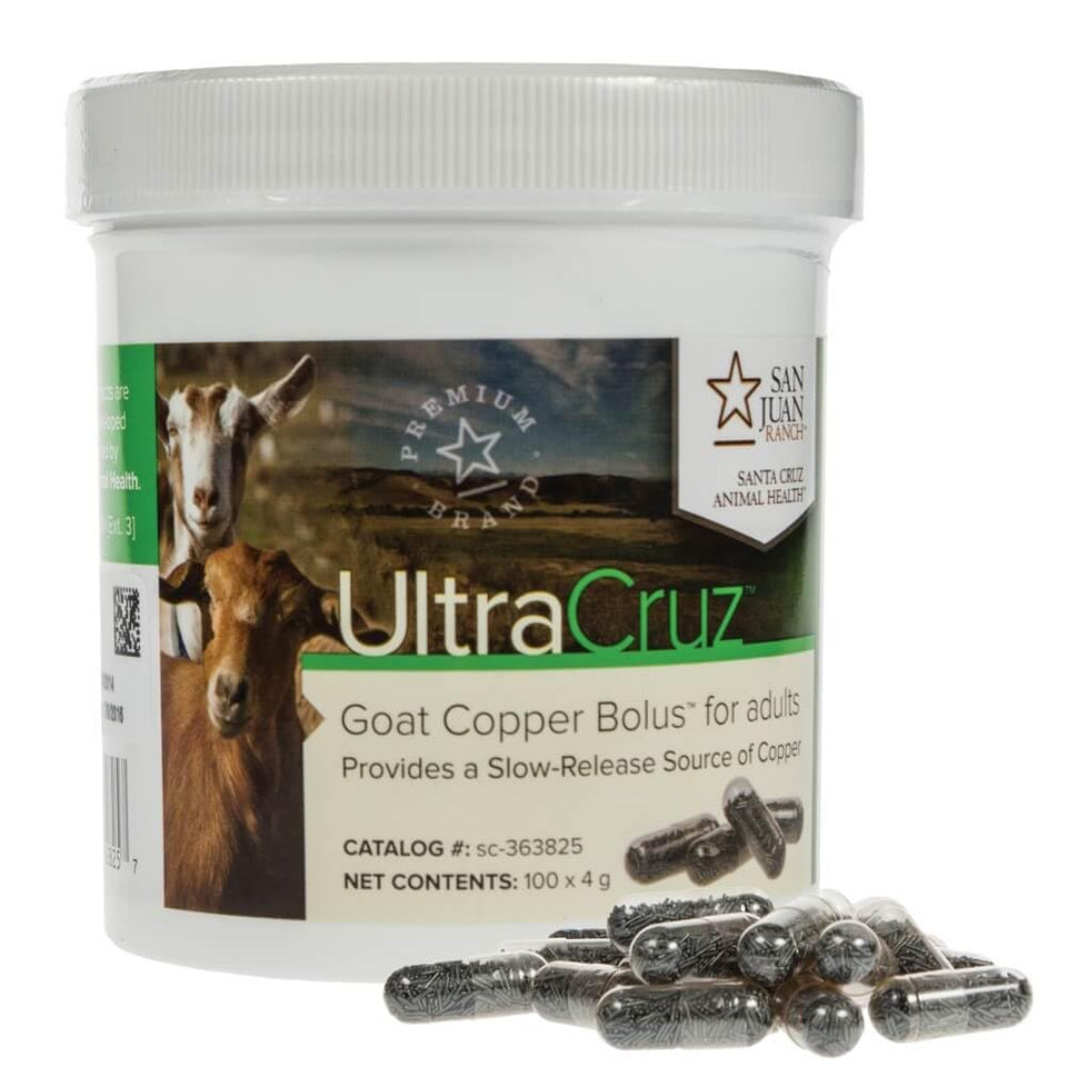 UltraCruz Goat Copper Bolus packaging shows a 100-count box for steady copper supplementation