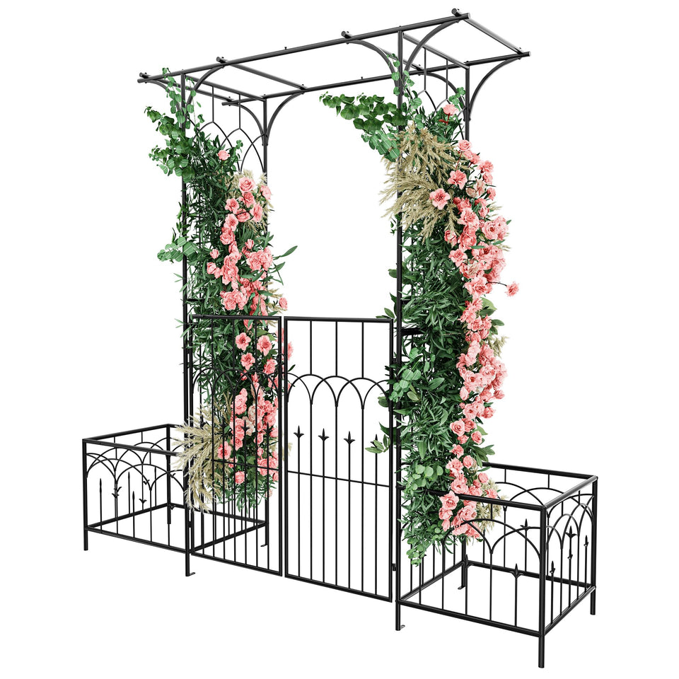 Ultym garden arbor with gate and left planter displays flowers beautifully.