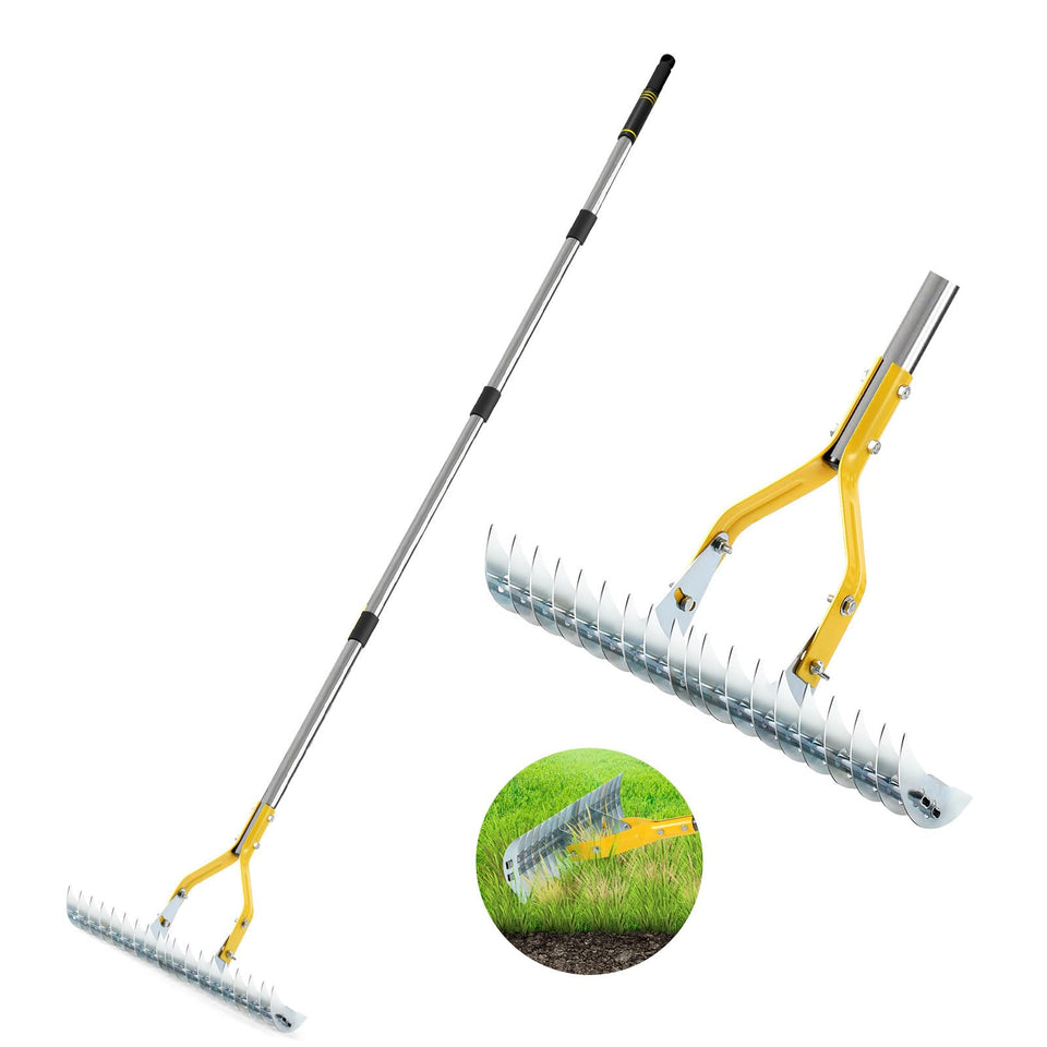 UMEMAXSO Thatch Rake 15-inch head for efficient thatch removal and lawn aeration.
