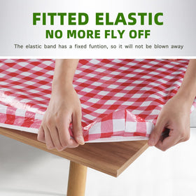 UMINEUX fitted tablecloth with elastic edge stays in place during windy meals.