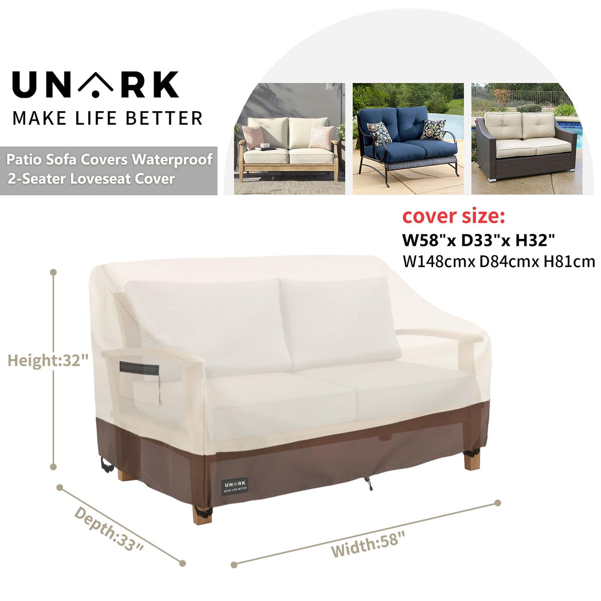 UNARK outdoor loveseat cover side view highlighting heavy-duty fabric and reinforced seams