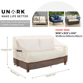 UNARK outdoor loveseat cover side view highlighting heavy-duty fabric and reinforced seams