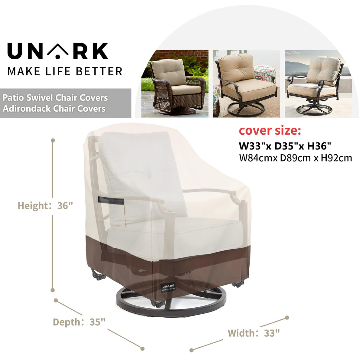UNARK swivel chair cover with click-close straps keeps cover secure on windy days.