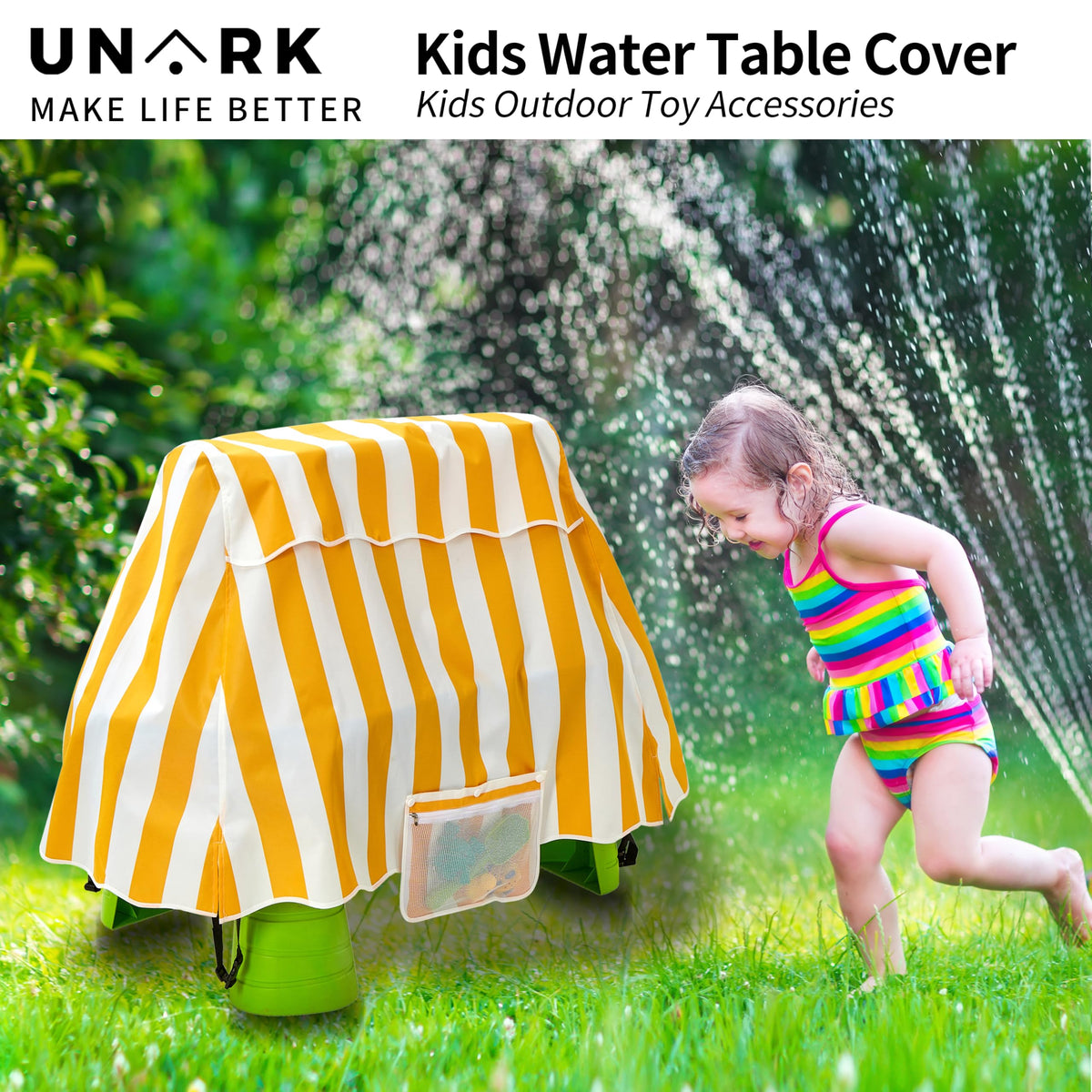 UNARK Water Table Cover shows mesh storage bag for organized toys.