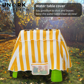 UNARK Water Table Cover demonstrates stretch-fit installation on table legs.