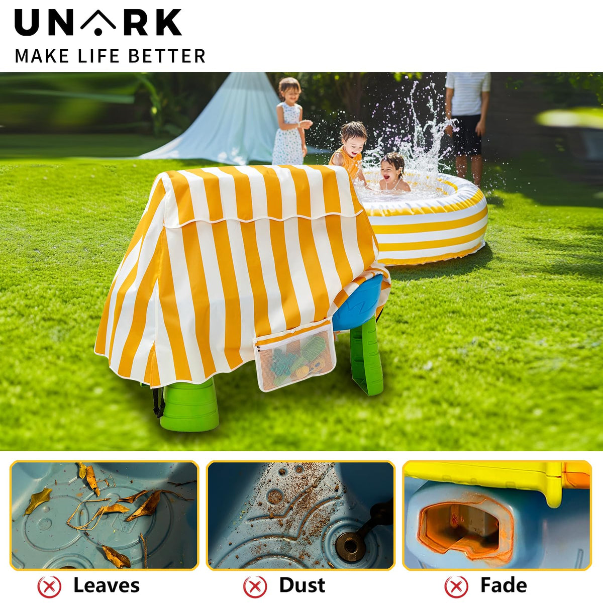 UNARK Water Table Cover highlights UV-protected fabric for sun exposure.