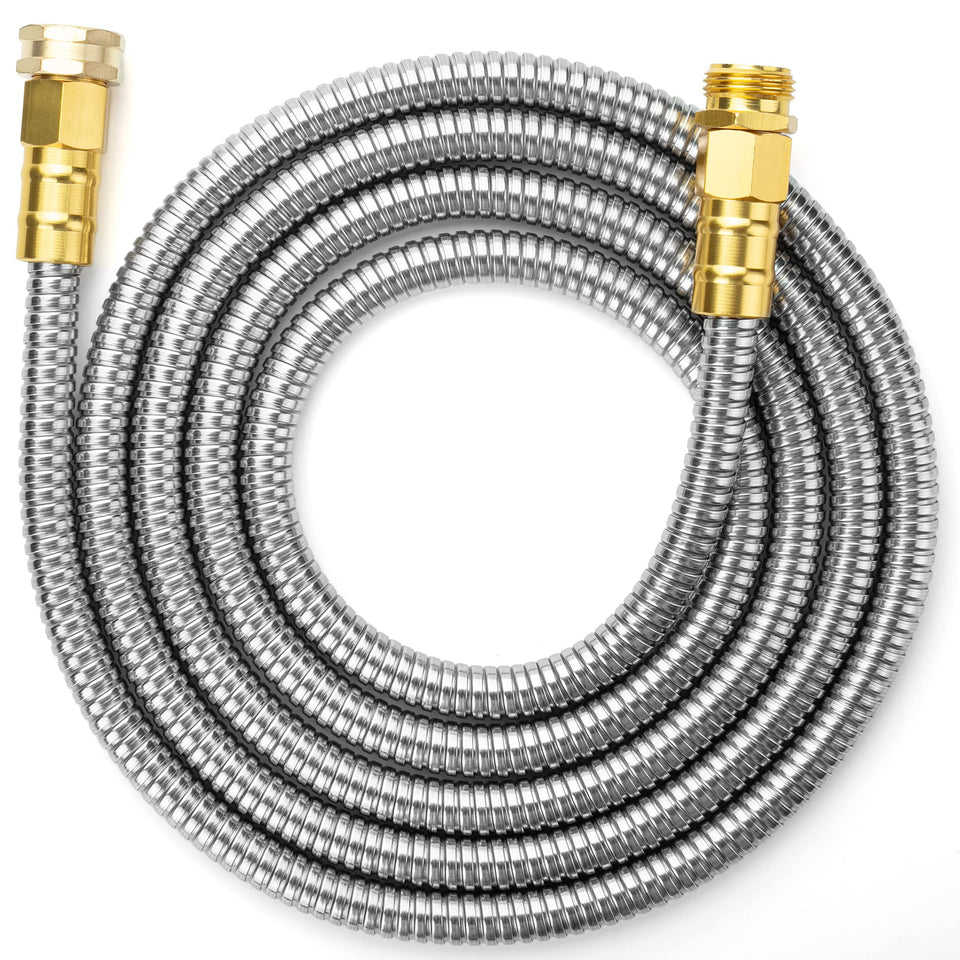 UNCO 10ft stainless-steel no-kink garden hose for reliable watering with minimal effort.