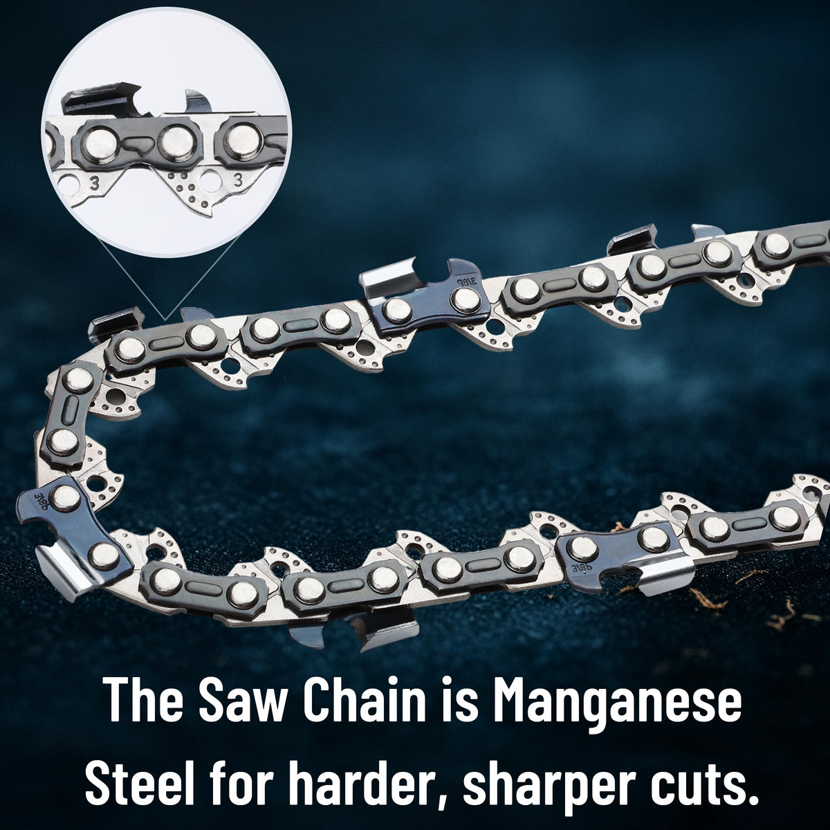 UNCO 18-inch chainsaw chain 3-pack drive-links-62 close-up illustrating S62 specification compatibility