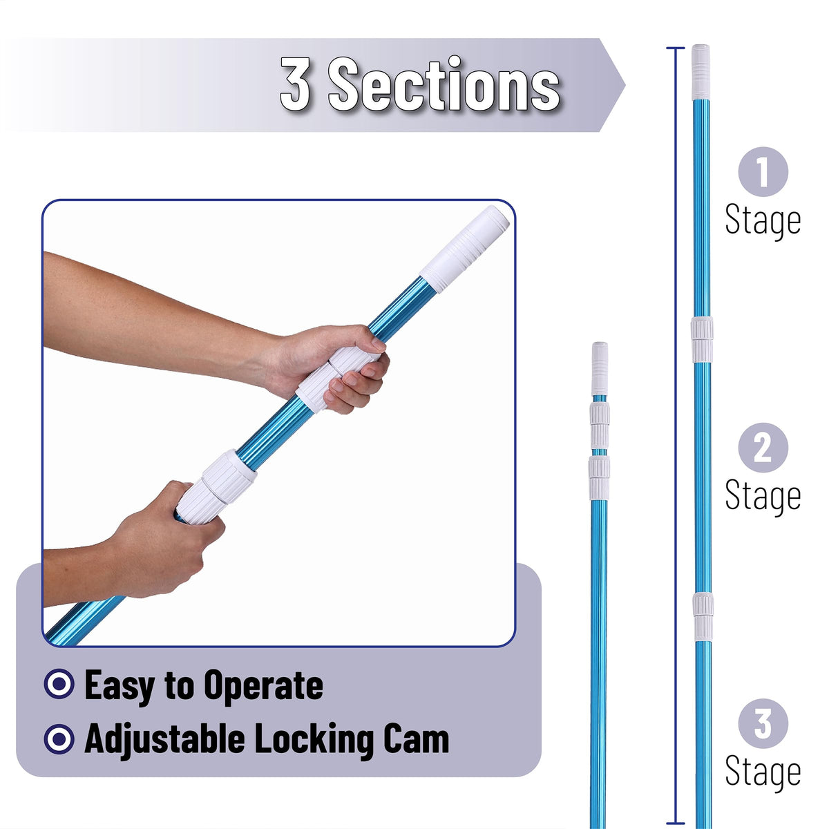 UNCO attachment system supports skimmer nets, brushes, and vac heads for rapid maintenance.