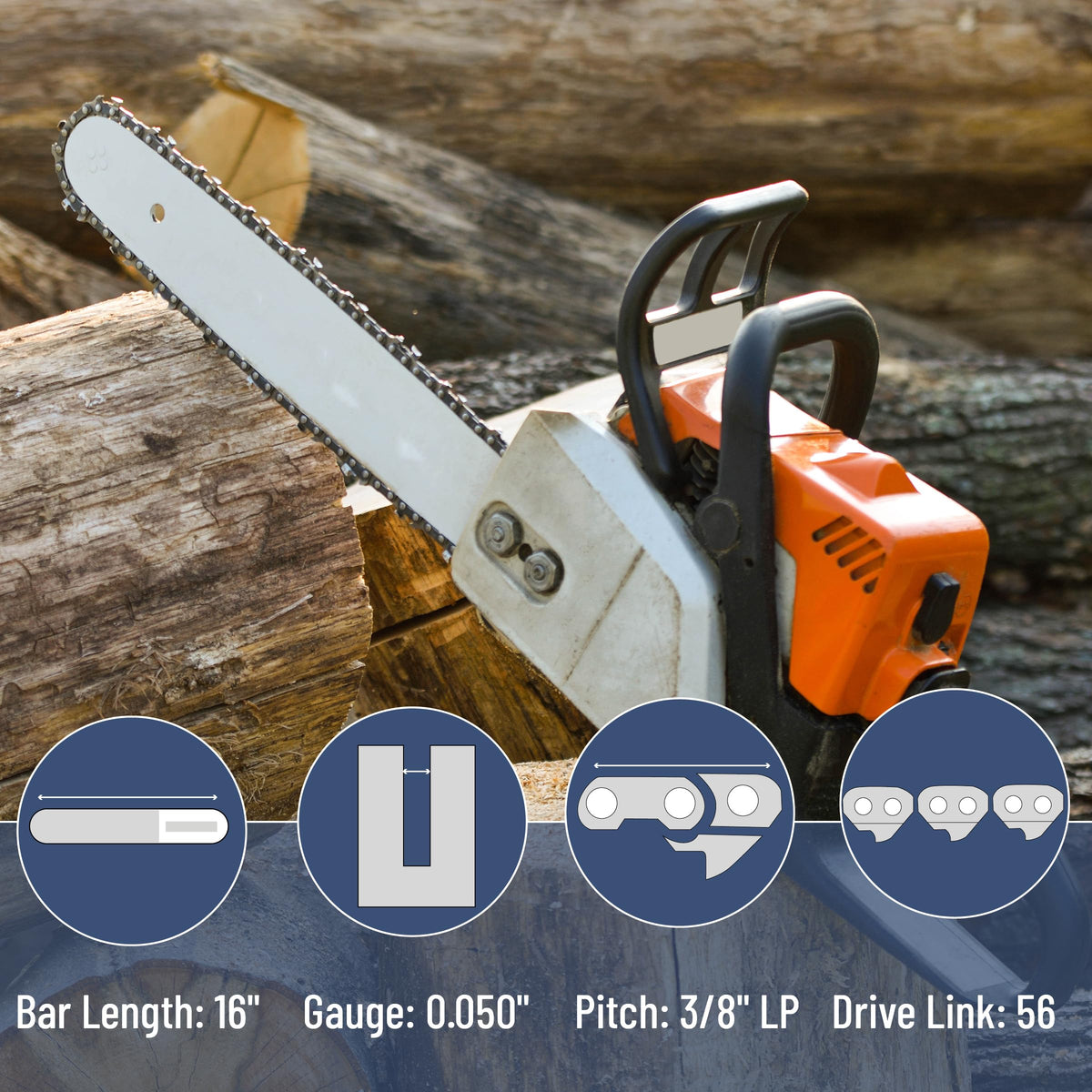 UNCO chain with .050 gauge balances durability and efficient cutting.
