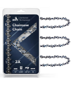 UNCO 16-inch chainsaw chain close-up showing replacement pack for yard work.