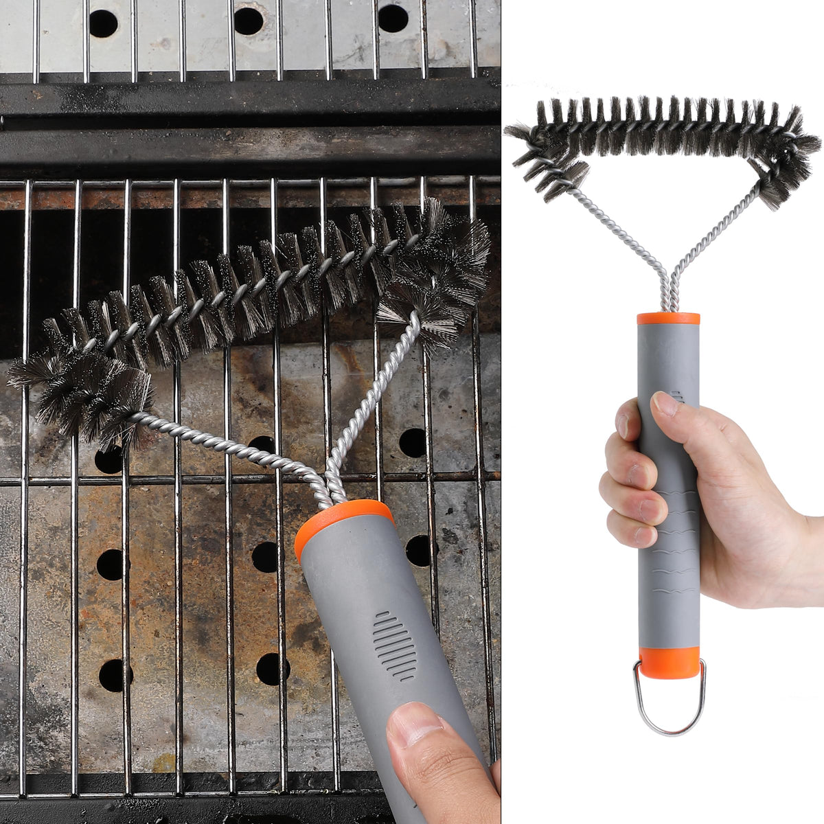 UNCO compact grill brush with hanging loop for easy storage