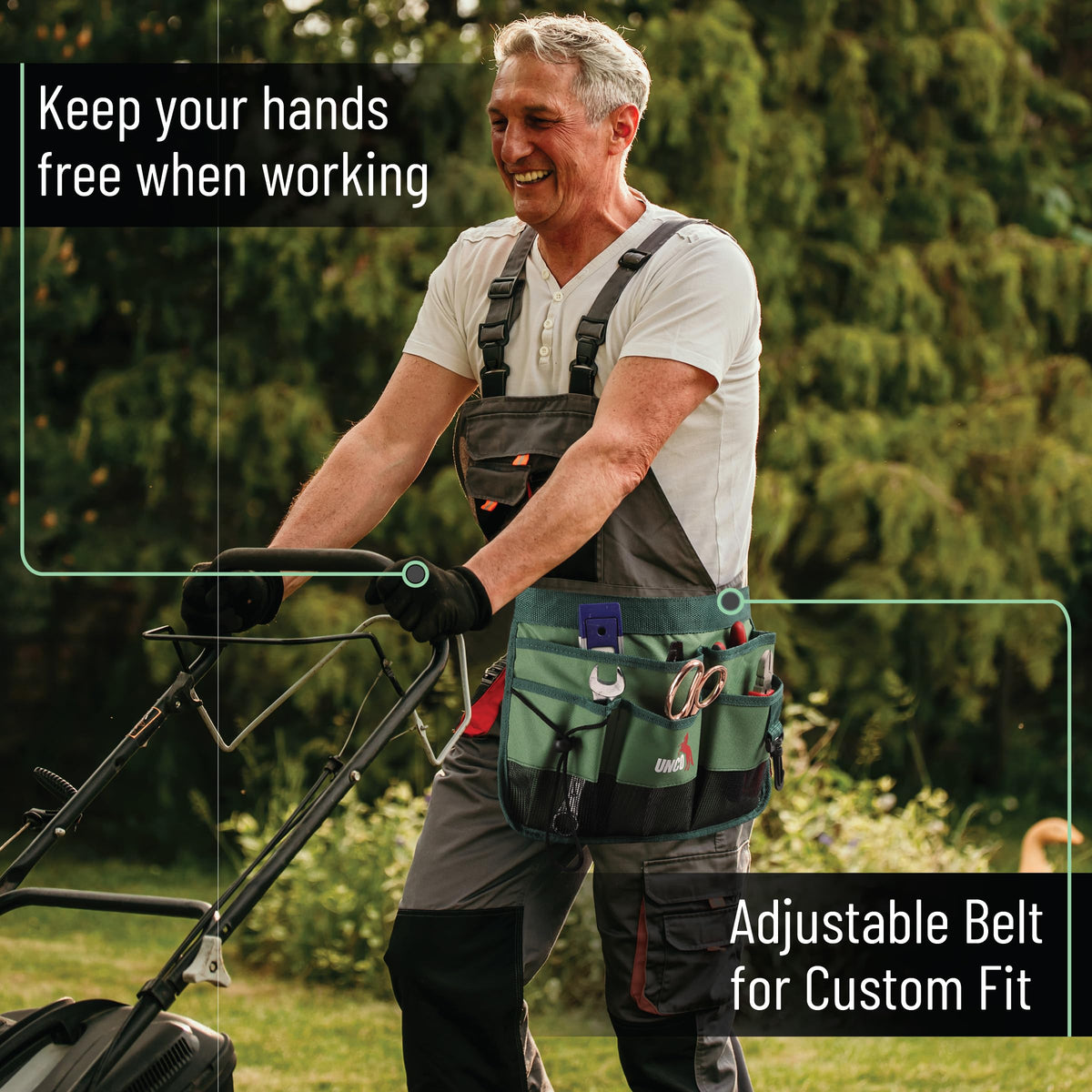 UNCO belt's water-resistant fabric keeps tools dry outdoors
