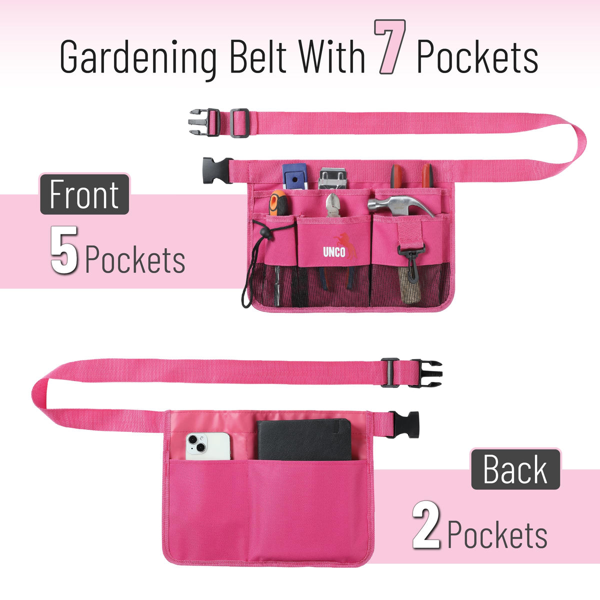 UNCO garden tool pouch pink keeps essentials at waist level for quick reach