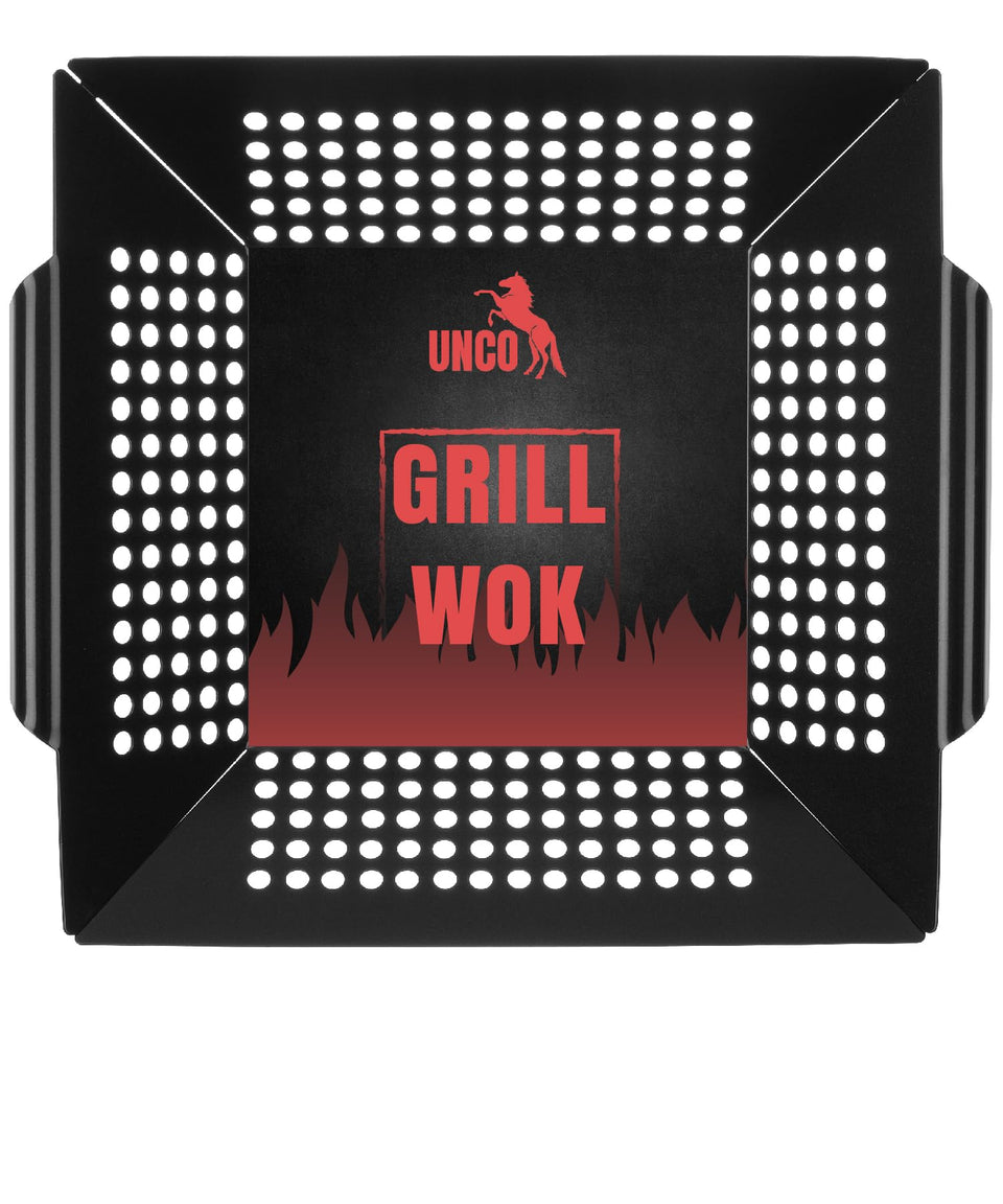 UNCO grill basket perforated design for even heat and smoky flavor.