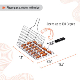 Lockable grate on UNCO grill basket keeps food secure while flipping.