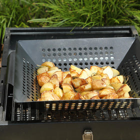 UNCO grill basket prevents small foods from falling through grates.