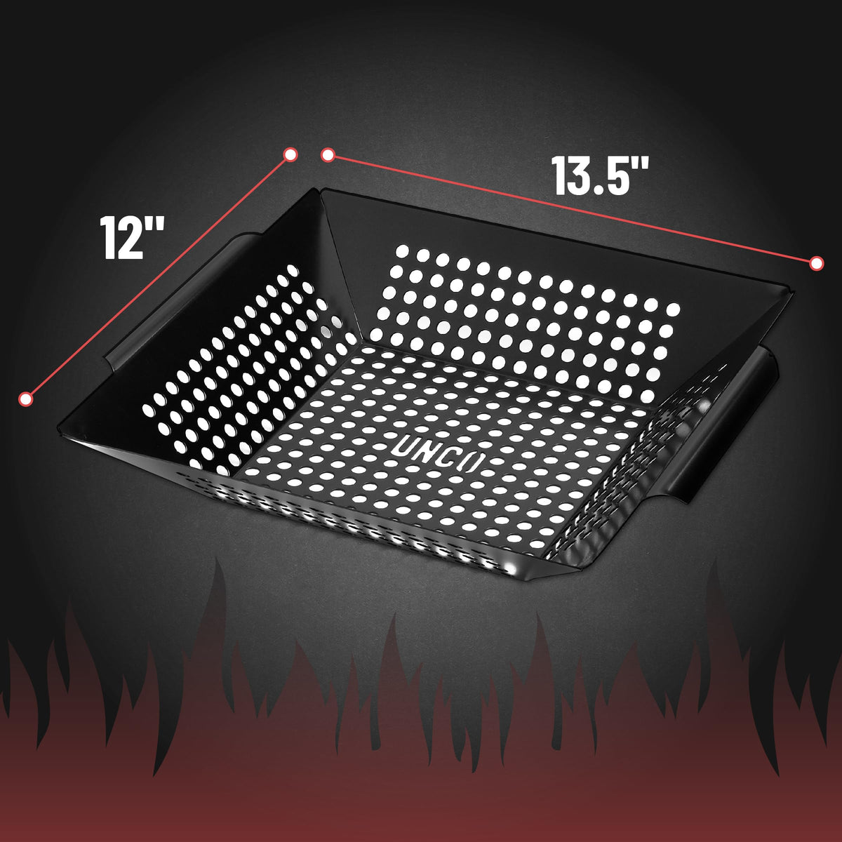 UNCO grill basket with sturdy side handles for safe transport.