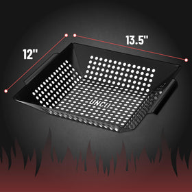 UNCO grill basket with sturdy side handles for safe transport.