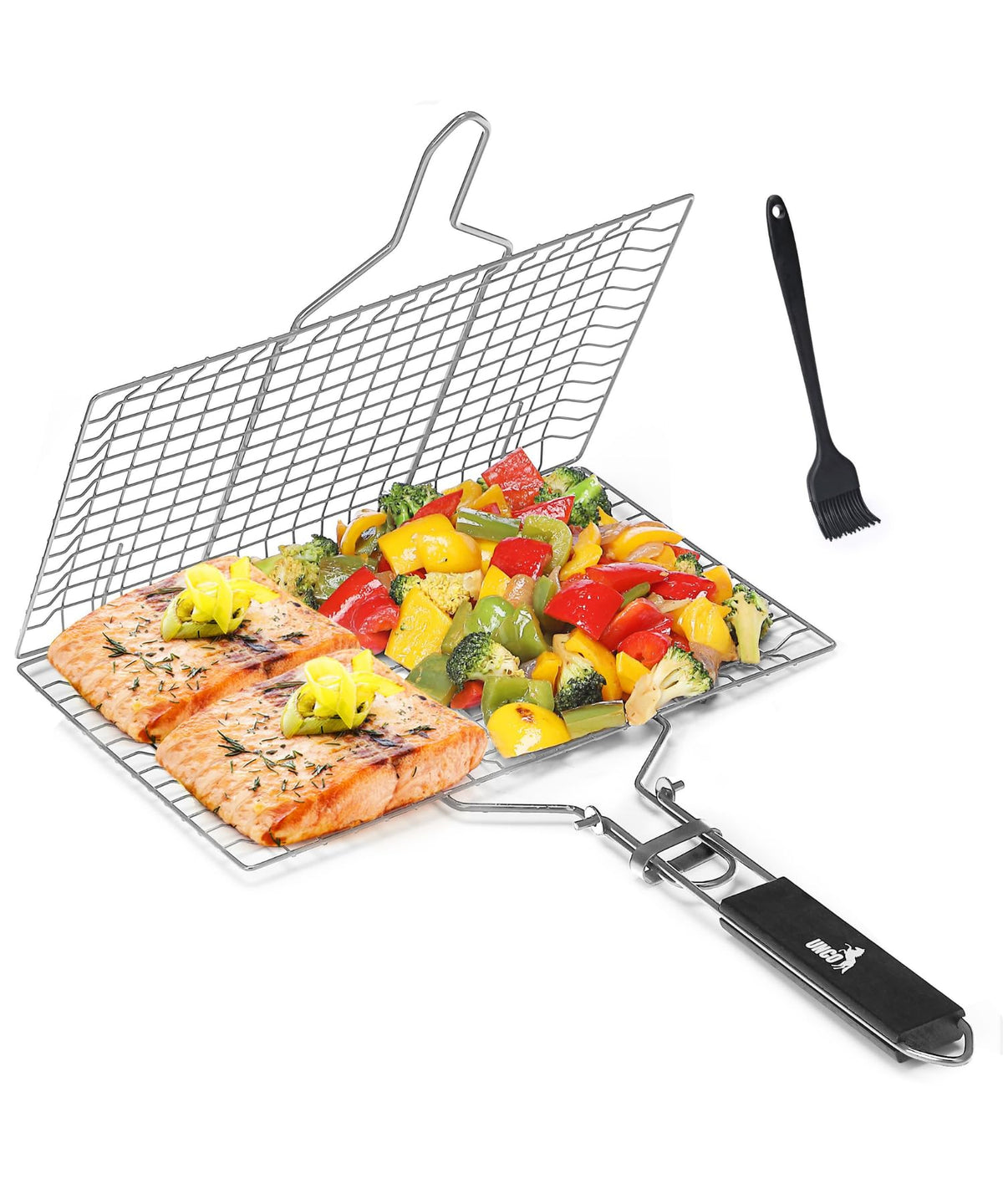 UNCO grill basket unboxed, showing sturdy stainless steel construction.