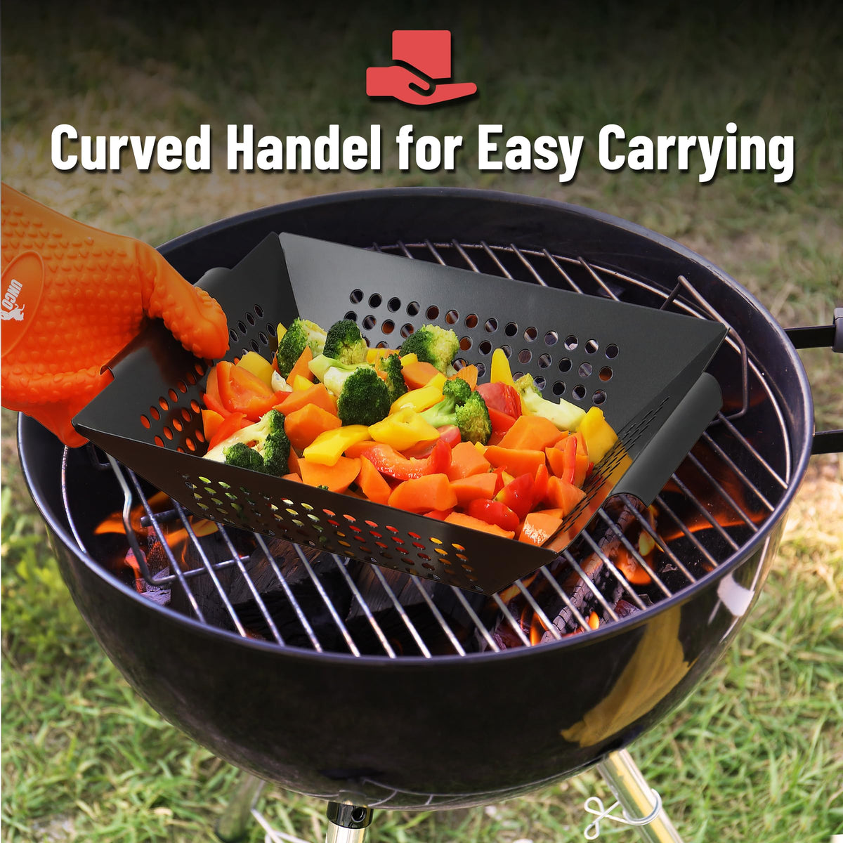 UNCO grill basket offering ample space for vegetables and seafood.