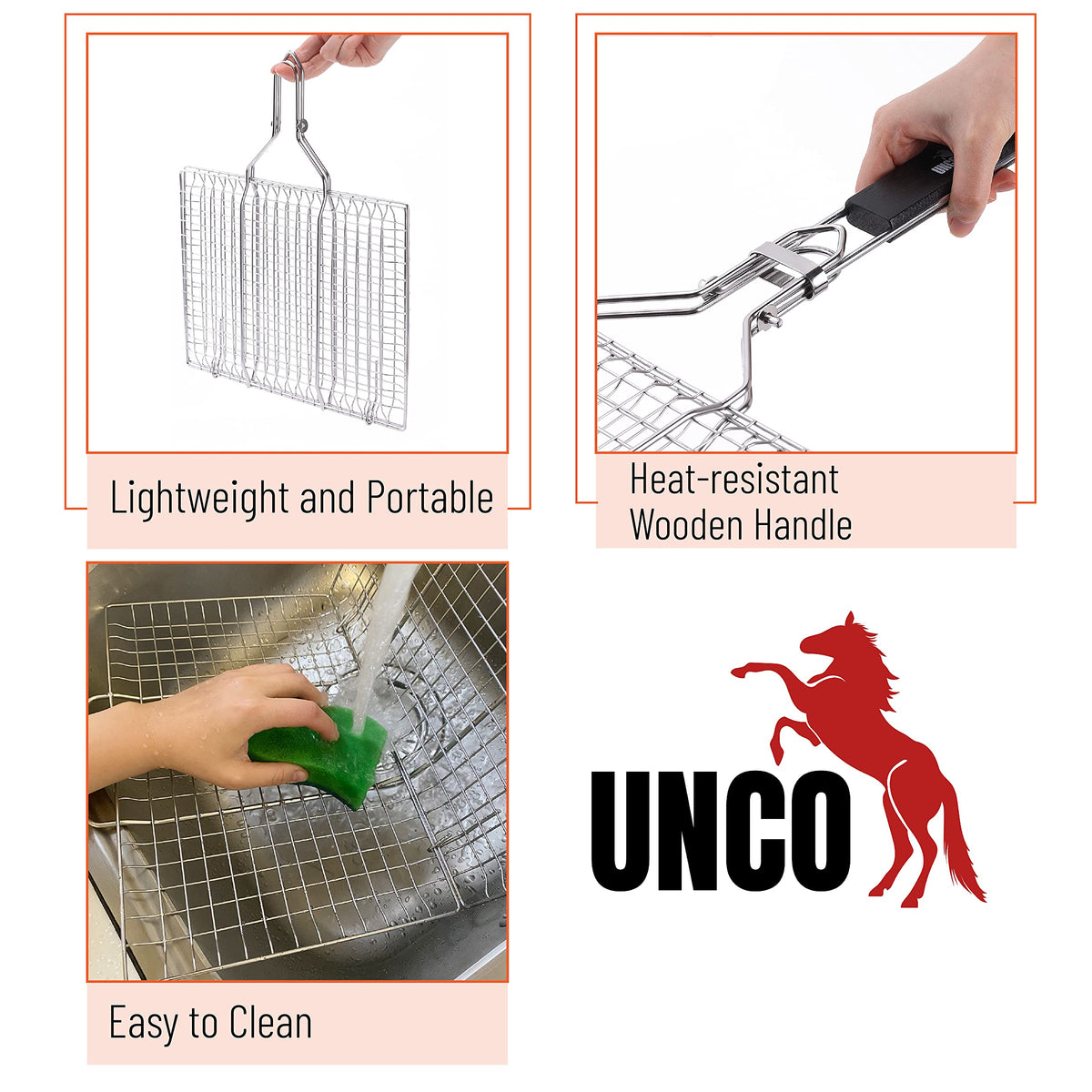 Close-up of the heat-resistant wooden handle on the UNCO basket.