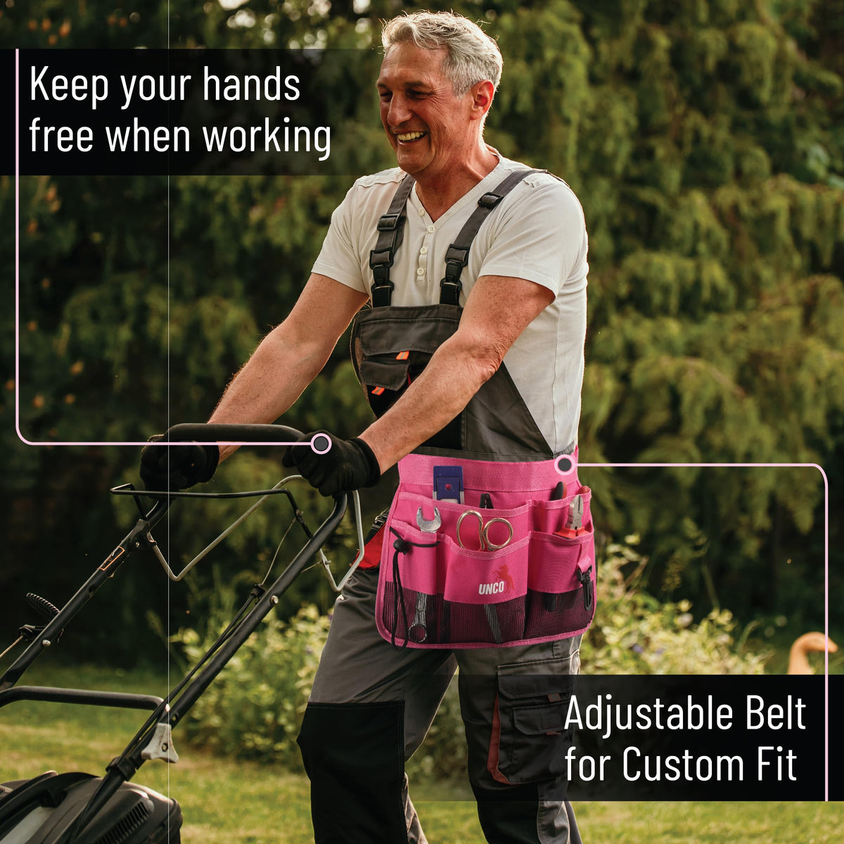 UNCO adjustable waistband ensures a secure, comfortable fit for all gardeners