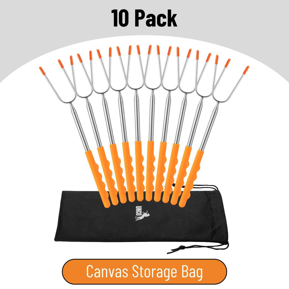 UNCO roasting sticks with orange heat-resistant handles for comfortable extended use.
