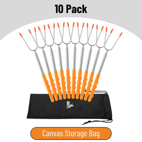 UNCO roasting sticks with orange heat-resistant handles for comfortable extended use.