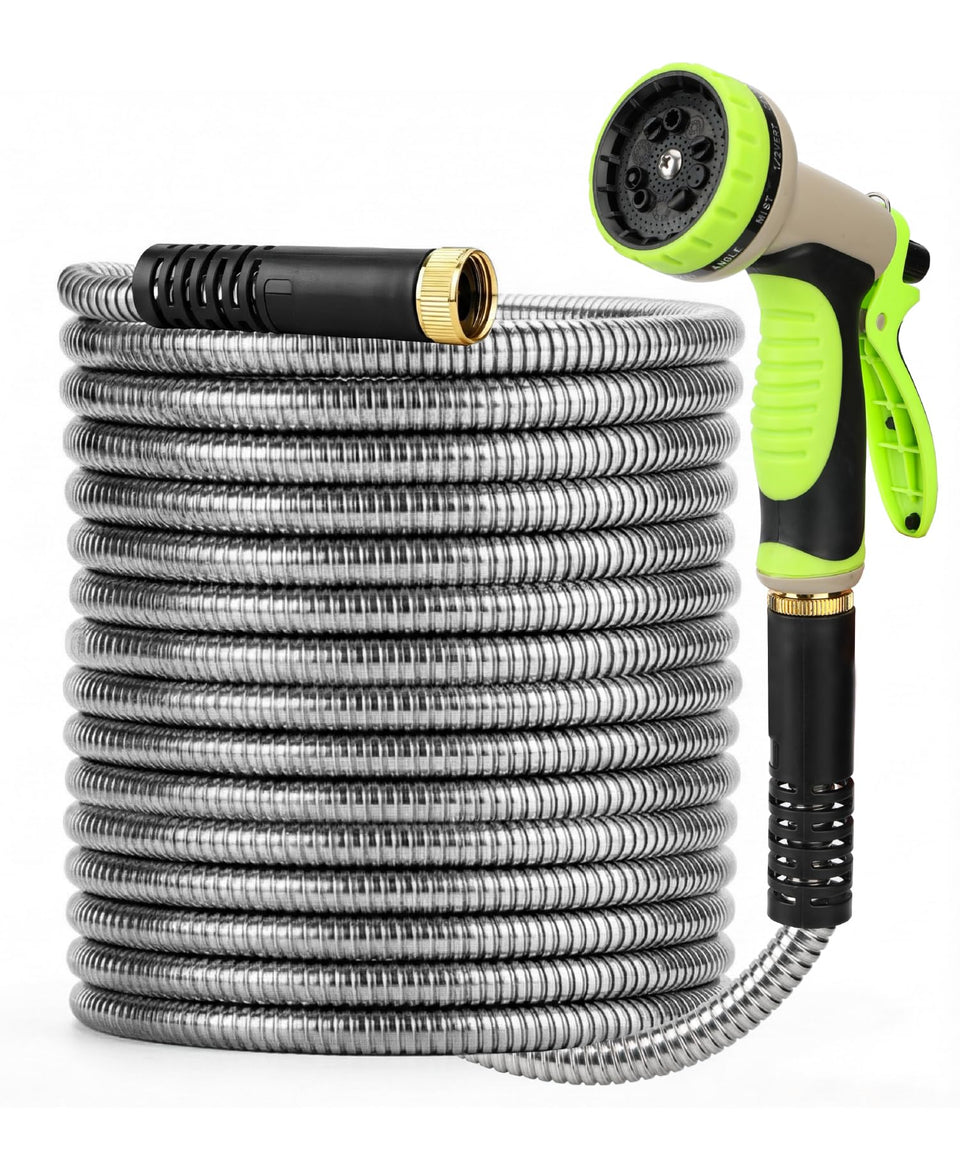 UNCO metal garden hose 25ft stainless steel coil for durable outdoor watering