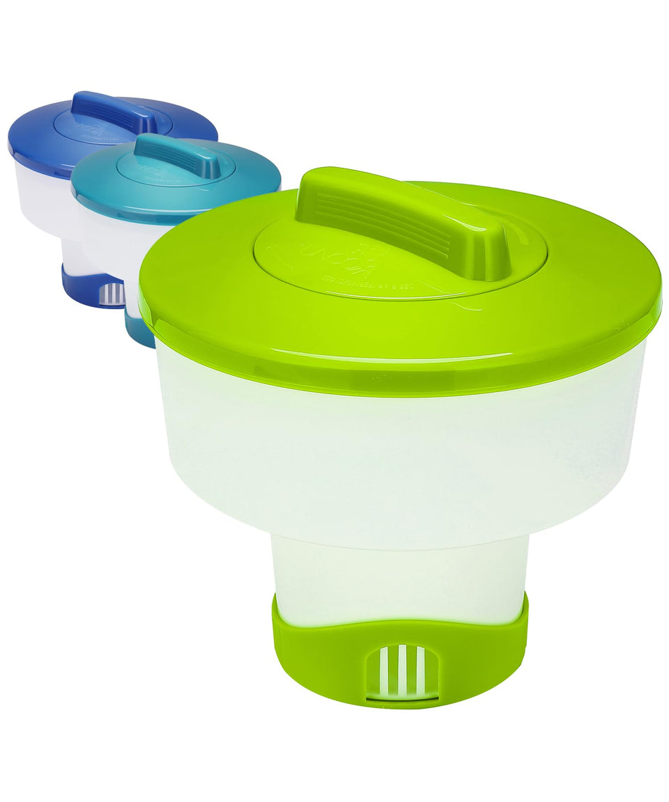 UNCO pool chlorine floater with cap for easy filling and steady chlorine release.