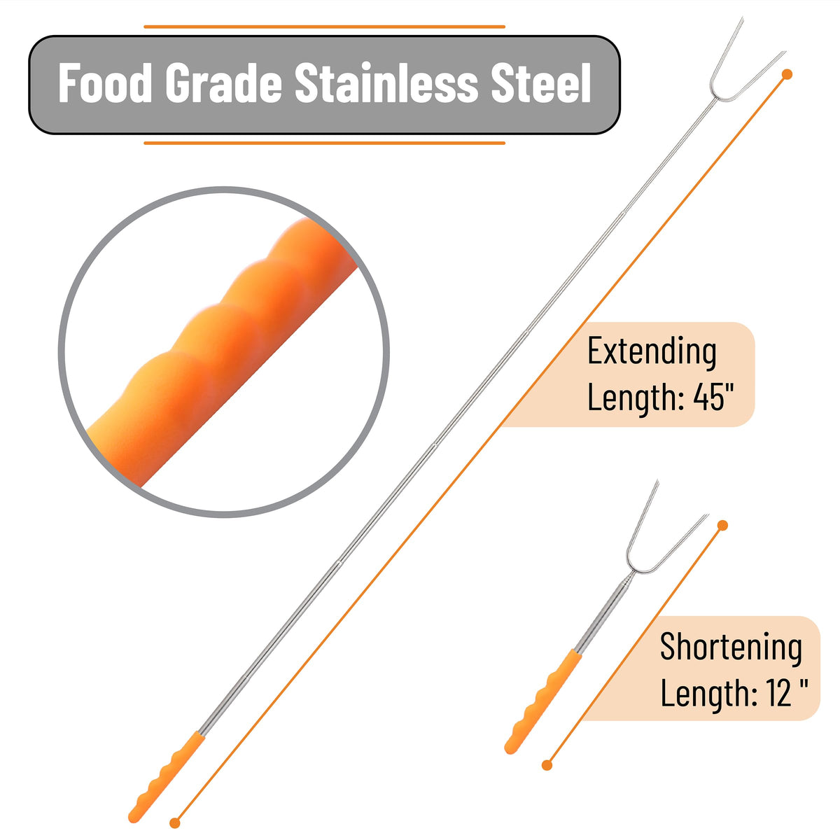 Telescoping design keeps you farther from flames during marshmallow toasting.