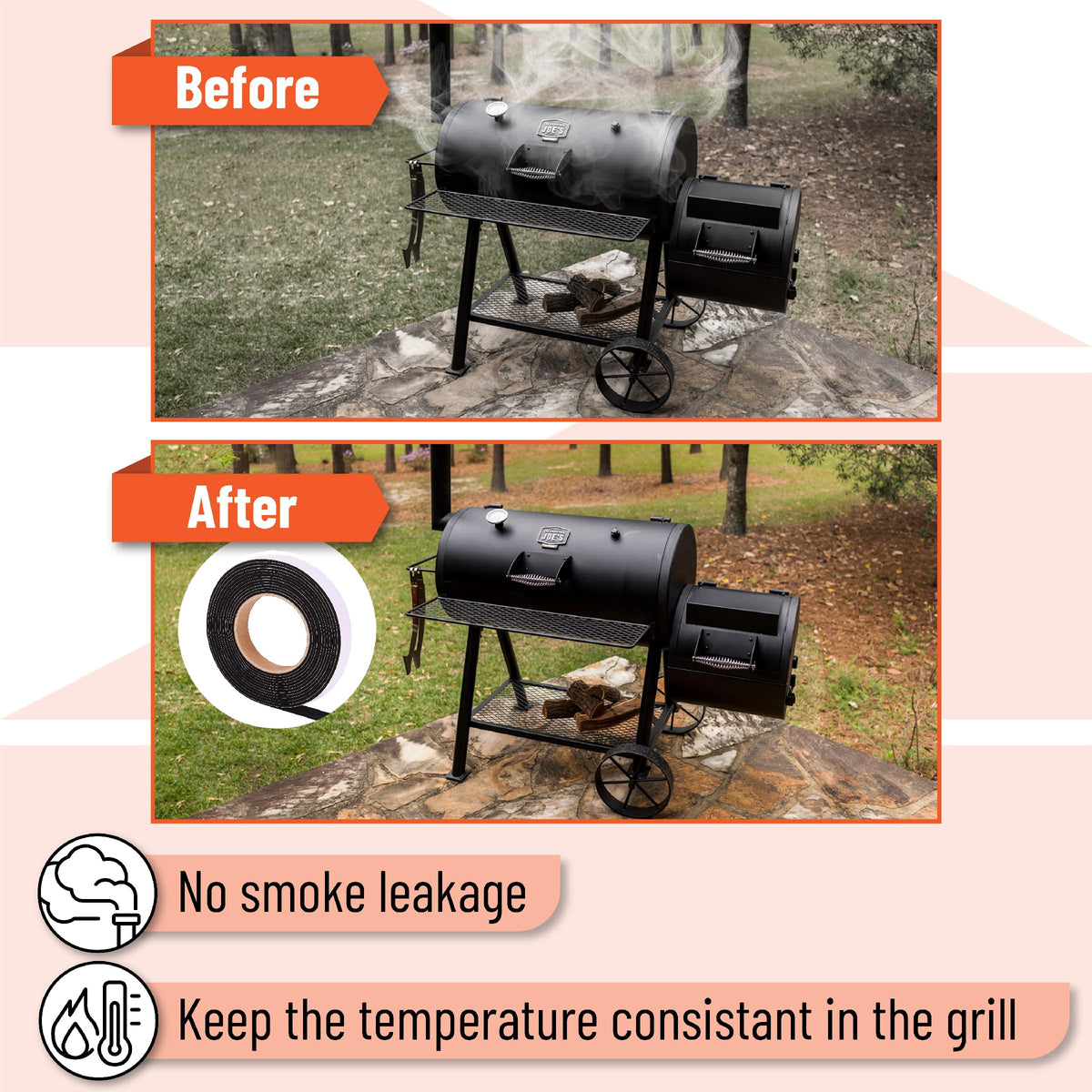 Grill door sealed with UNCO gasket reducing smoke leakage during cooking