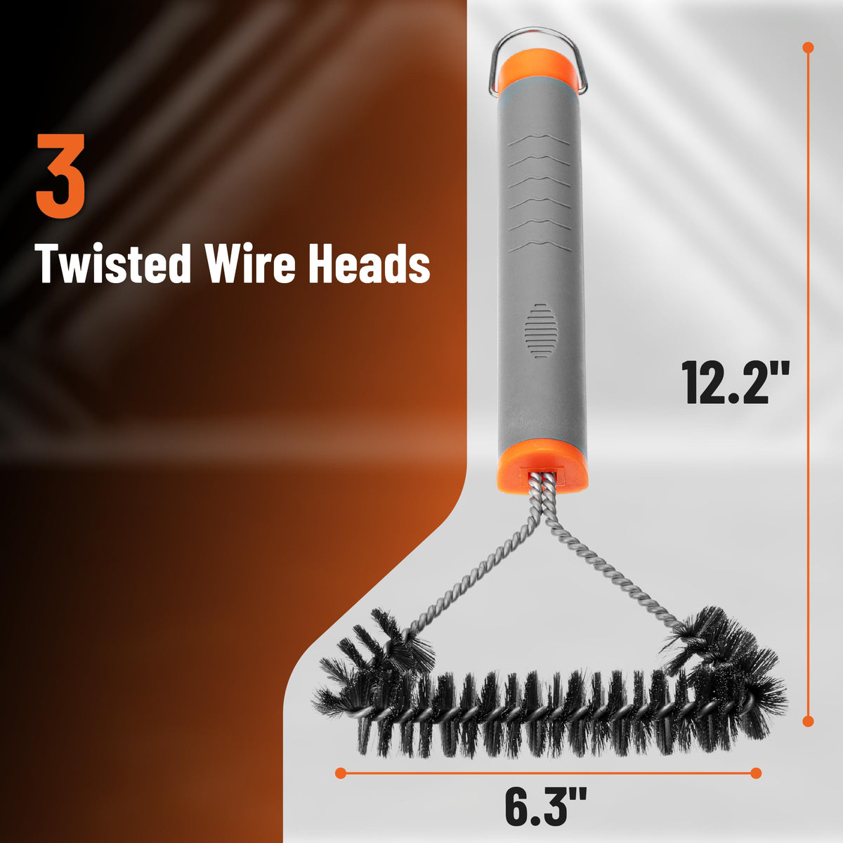 UNCO stainless steel grill brush with three heads tackling gas charcoal and porcelain grates