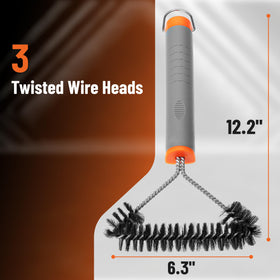 UNCO stainless steel grill brush with three heads tackling gas charcoal and porcelain grates