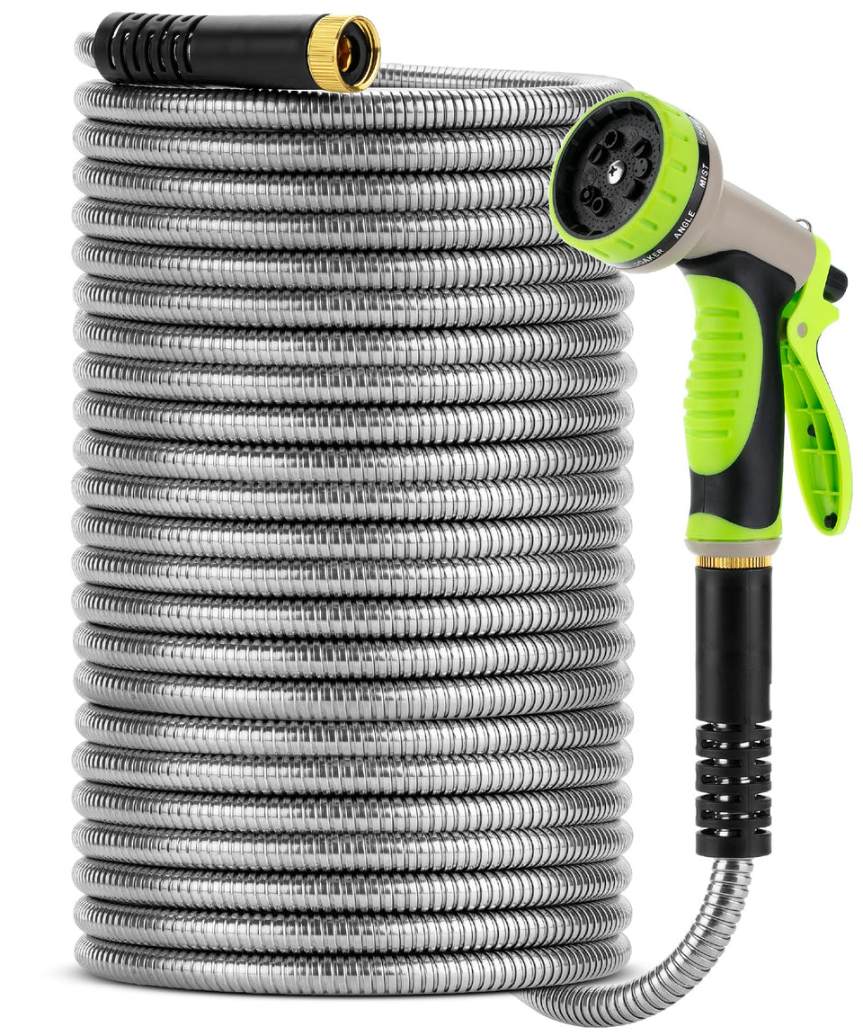 UNCO stainless steel garden hose, 100 ft reach for lawns and patios.