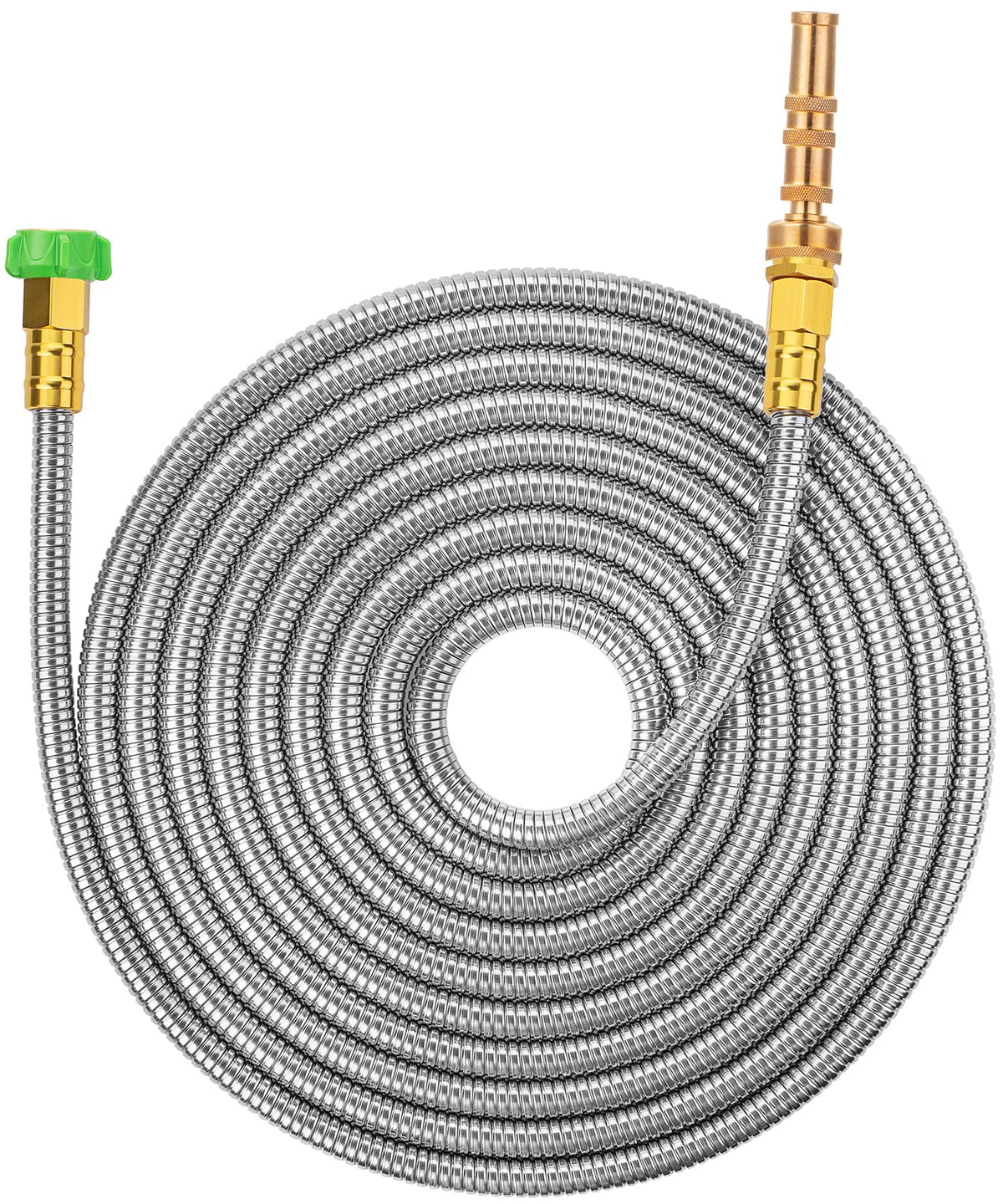 UNCO stainless steel garden hose with 25 ft reach for versatile outdoor watering.