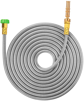 UNCO stainless steel garden hose with 25 ft reach for versatile outdoor watering.