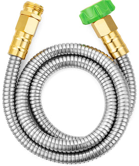 UNCO stainless steel garden hose in use, ideal for small patios.