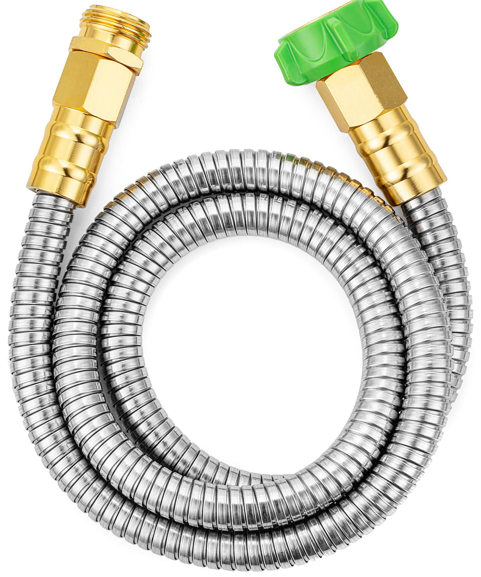 UNCO stainless steel garden hose in use, ideal for small patios.