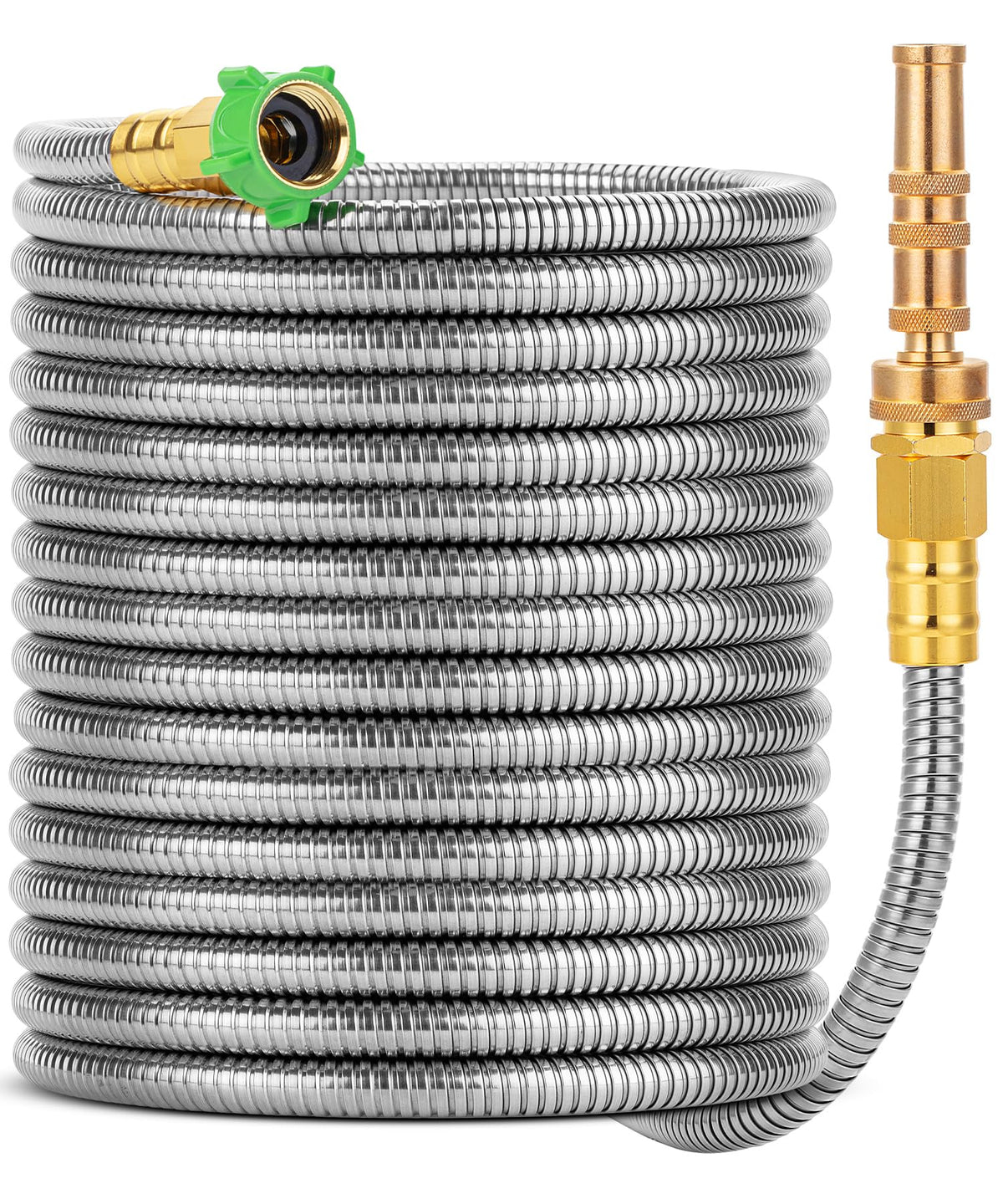 UNCO stainless steel garden hose with 50 ft reach for heavy-duty watering and cleaning.