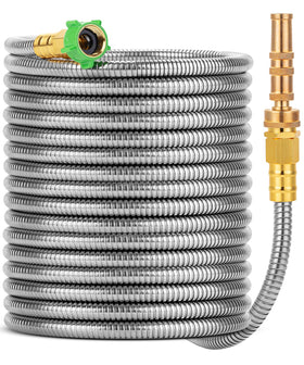 UNCO stainless steel garden hose with 50 ft reach for heavy-duty watering and cleaning.